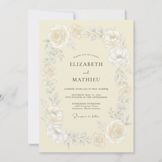 Convites Casamento Romântico com Flores de Creme (Frente)