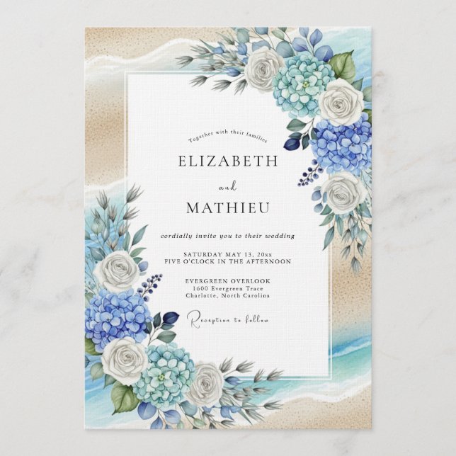 Convites Casamento Romântico com Flores de Hortênsia Azul (Frente)