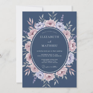 Convites Casamento Romântico com Flores em Azul Ardósia