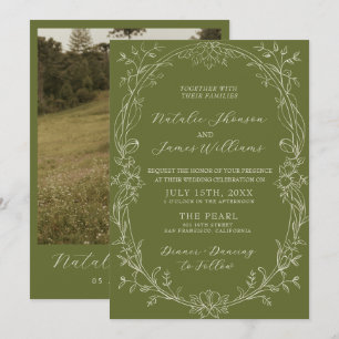 Convites Casamento Romântico com Flores em Verde Oliva e Es