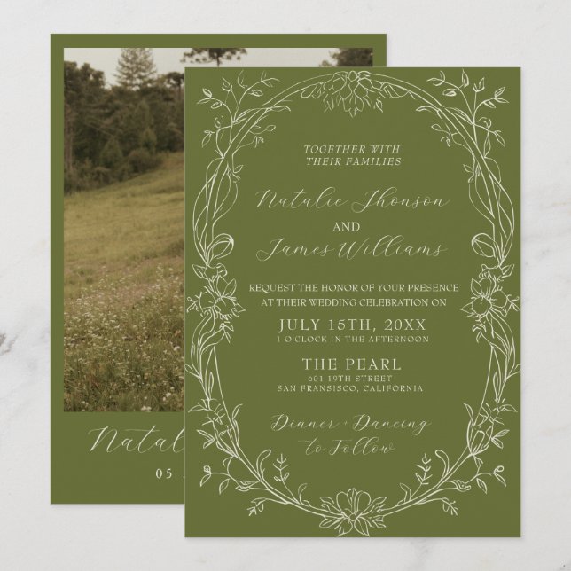 Convites Casamento Romântico com Flores em Verde Oliva e Es (Frente/Verso)