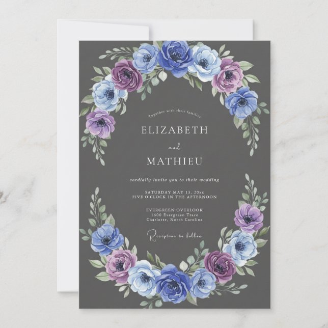 Convites Casamento Romântico com Flores Indigo (Frente)