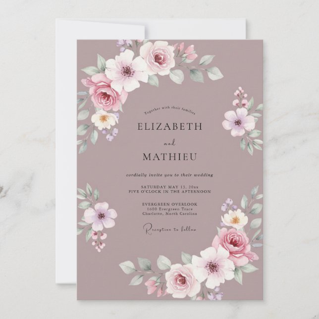 Convites Casamento Romântico com Flores Mauve (Frente)