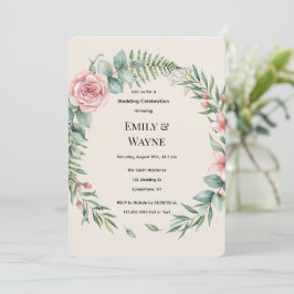 Convites Casamento Romântico com Flores Rosa e Vegetação