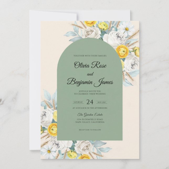 Convites Casamento Romântico com Flores Silvestres e Oliva (Frente)