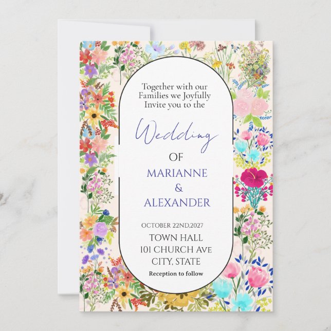 Convites Casamento Romântico com Flores Silvestres em Aquar (Frente)