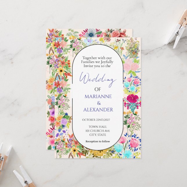 Convites Casamento Romântico com Flores Silvestres em Aquar (Frente/Verso In Situ)
