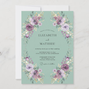 Convites Casamento Romântico com Flores Verde Menta
