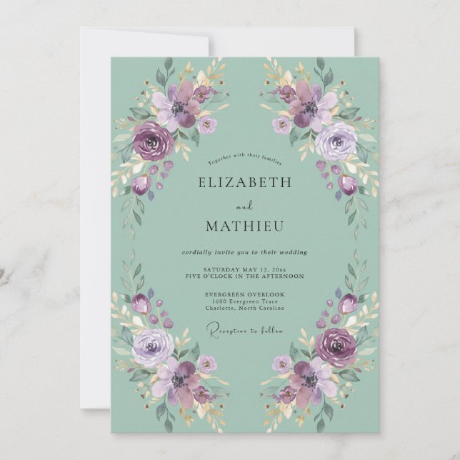 Convites Casamento Romântico com Flores Verde Menta (Frente)