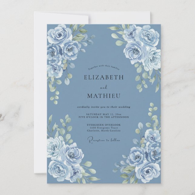 Convites Casamento Romântico com Florescer Azul Empoeirado (Frente)