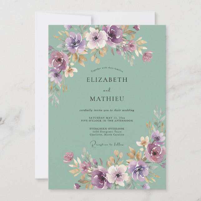 Convites Casamento Romântico com Florescer Roxo Salvia (Frente)