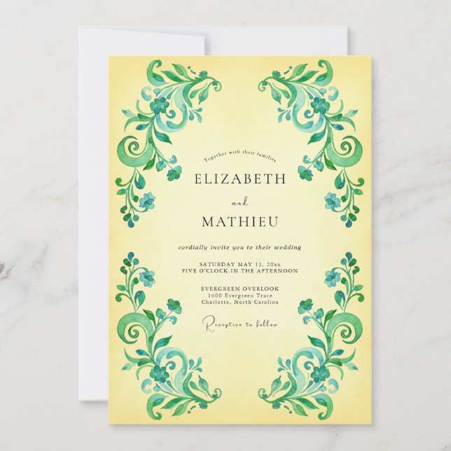 Convites Casamento Romântico com Florescer Verde Esmeralda (Frente)