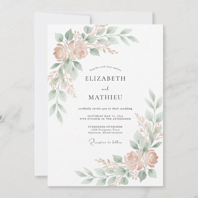 Convites Casamento Romântico com Florescer Verde Rosa (Frente)
