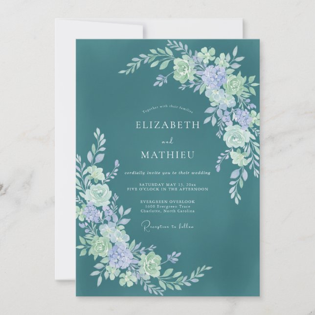 Convites Casamento Romântico com Florescimento Floral Turqu (Frente)