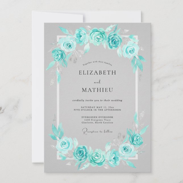 Convites Casamento Romântico com Florescimento Floral Turqu (Frente)