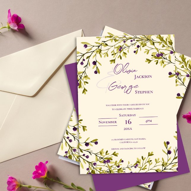 Convites Casamento Romântico com Folhas de Frutas Roxas Rús (Rustic Purple Berry Leaves Romantic Wedding Invitation
)
