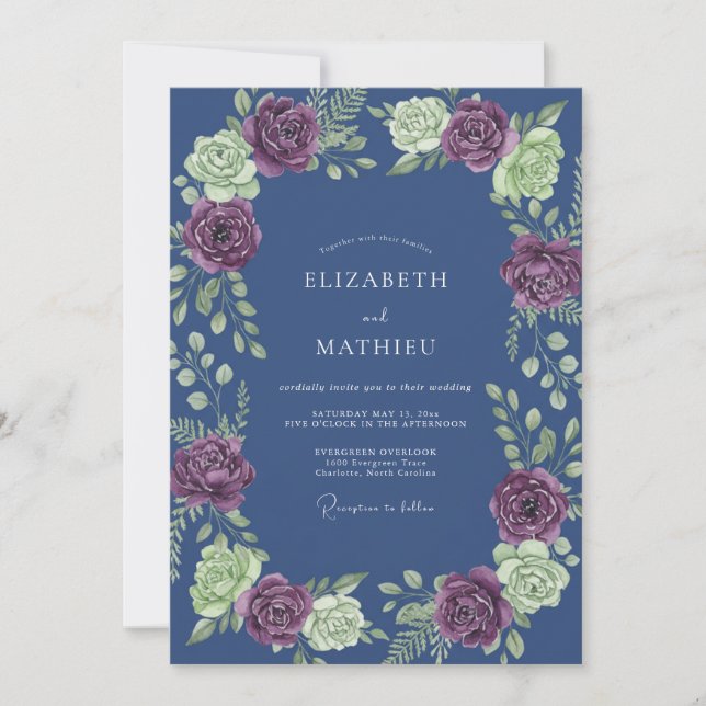Convites Casamento Romântico com Folhas de Plum Slate (Frente)