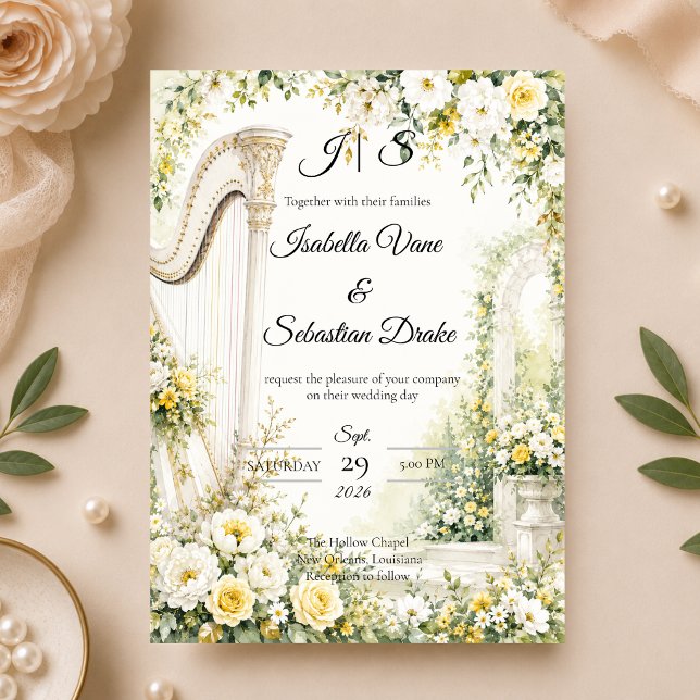 Convites Casamento Romântico com Harpa de Jardim Elegante (Criador carregado)