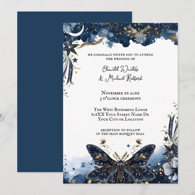Convites Casamento Romântico com Mariposa Azul Celeste e Do (Frente/Verso)