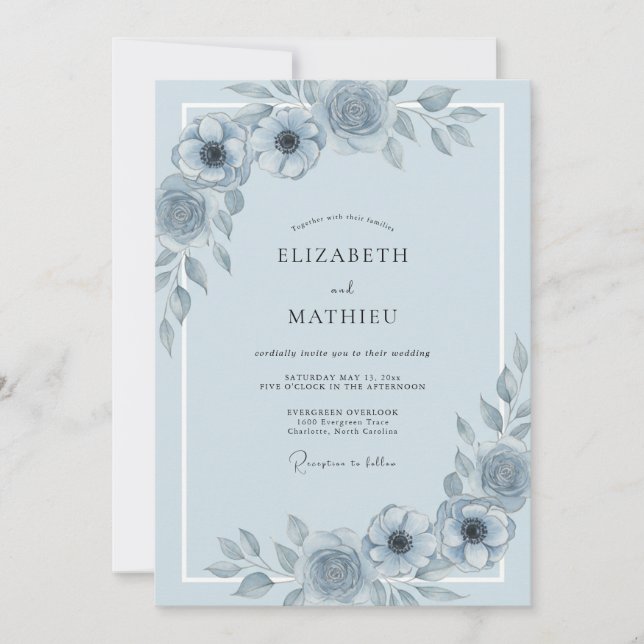 Convites Casamento Romântico com Peônia Cornflower (Frente)