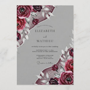 Convites Casamento Romântico com Pincelada Floral Borgonha