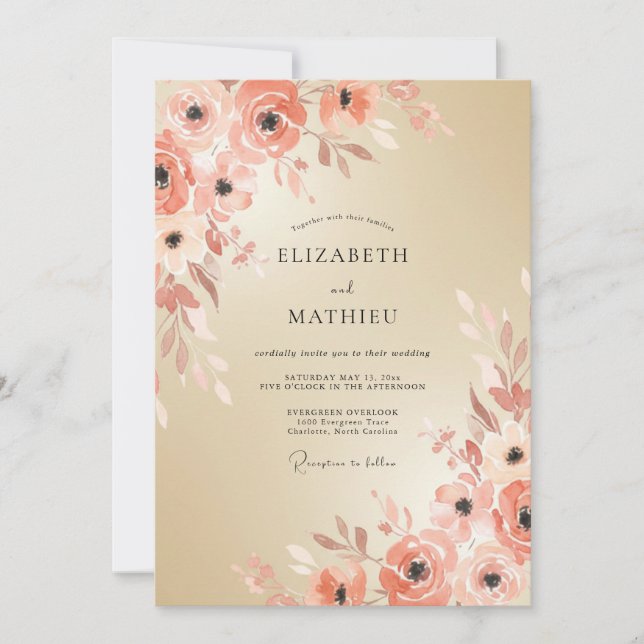 Convites Casamento Romântico com Pincelada Floral de Pêsseg (Frente)