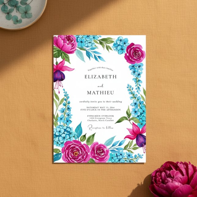 Convites Casamento Romântico com Pincelada Floral Magenta (Criador carregado)