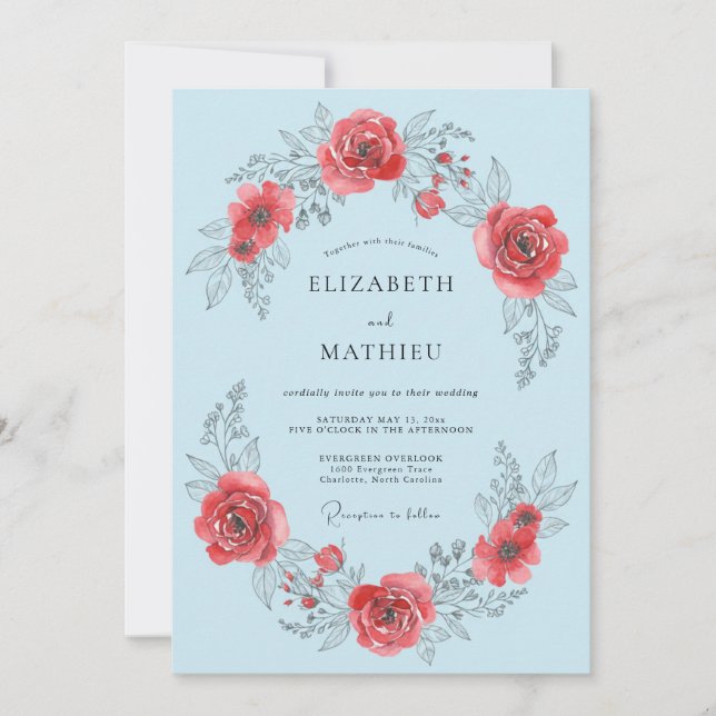 Convites Casamento Romântico com Rosa Flor de Rosa Azul Cla (Frente)