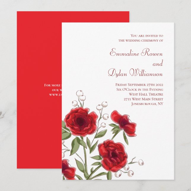 Convites Casamento Romântico com Rosa Vermelha (Frente/Verso)