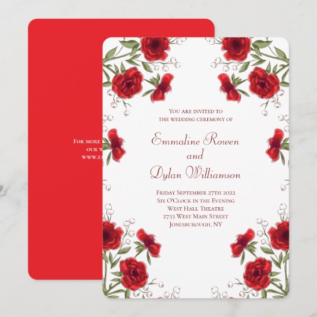 Convites Casamento Romântico com Rosa Vermelha (Frente/Verso)