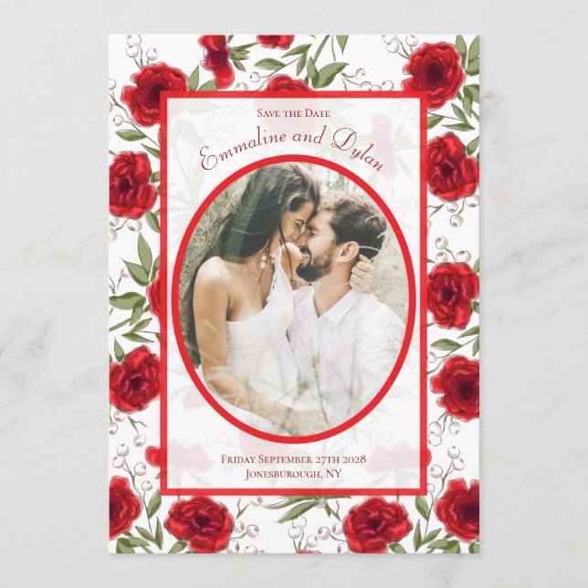 Convites Casamento Romântico com Rosa Vermelha Foto Save th (Frente)