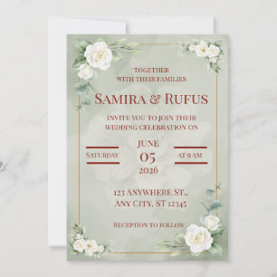 Convites Casamento Romântico com Rosas Brancas em Aquarela 