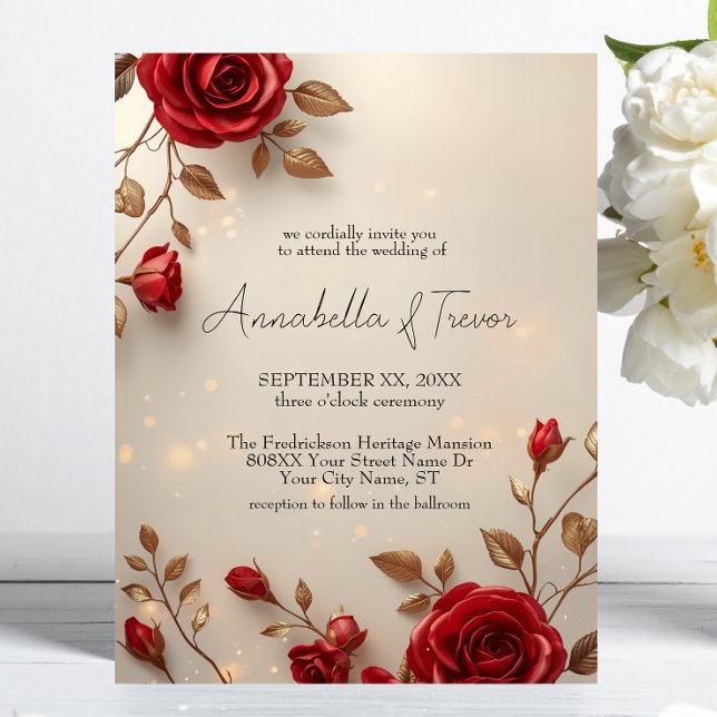 Convites Casamento Romântico com Rosas Vermelhas Enfeitiçad (Criador carregado)