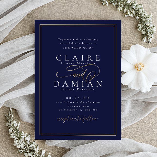 Convites Casamento Romântico com Simplicidade em Azul Marin (Navy Blue Simple Elegance Romantic Script Wedding Invitation)
