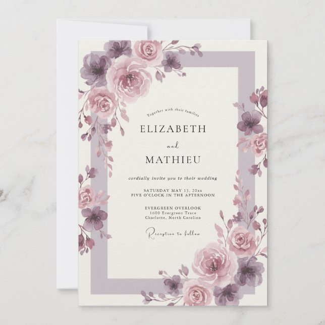 Convites Casamento Romântico com Tons de Malva Polida (Frente)