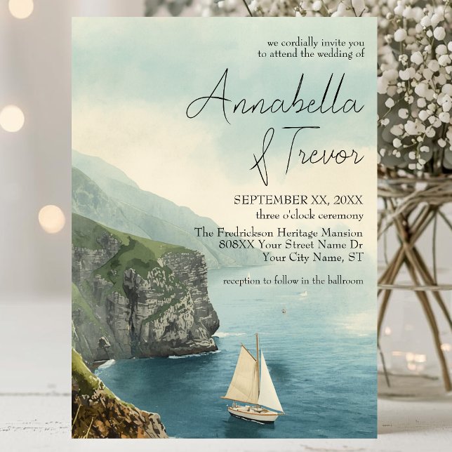 Convites Casamento Romântico com Velero em Aquarela e Falés (Criador carregado)