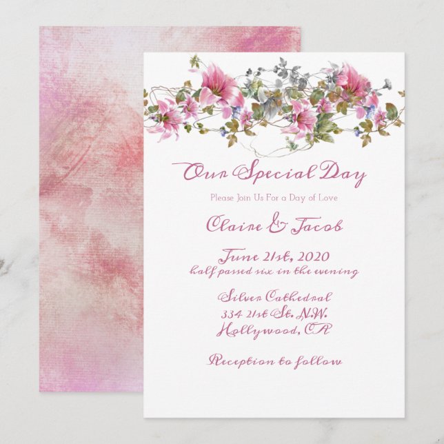 Convites Casamento Romântico Cor Floral Rosa (Frente/Verso)