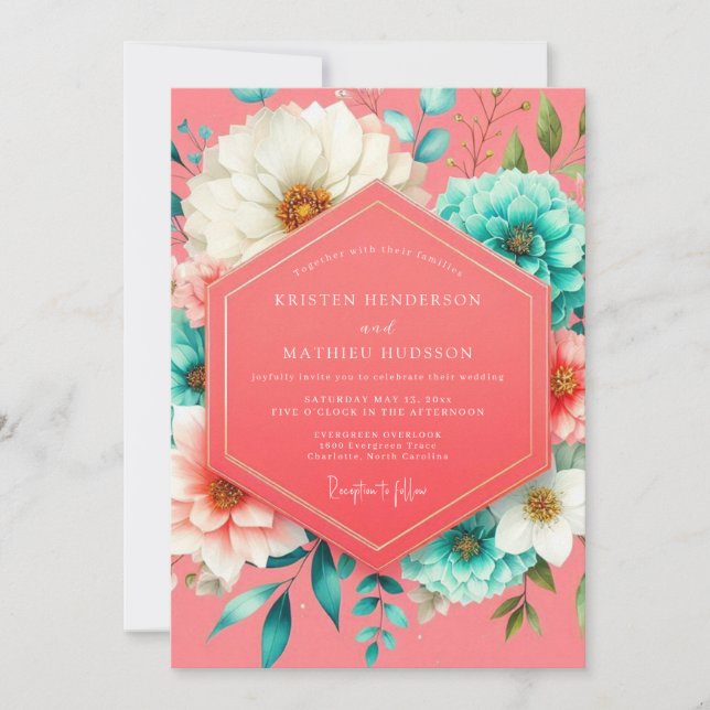 Convites Casamento Romântico Coral Bloom (Frente)