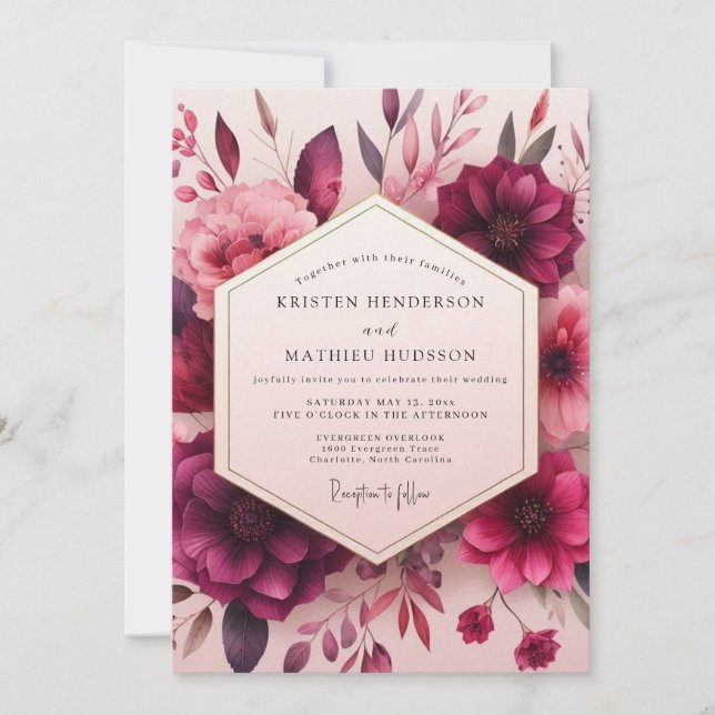 Convites Casamento Romântico Crimson Bloom (Frente)