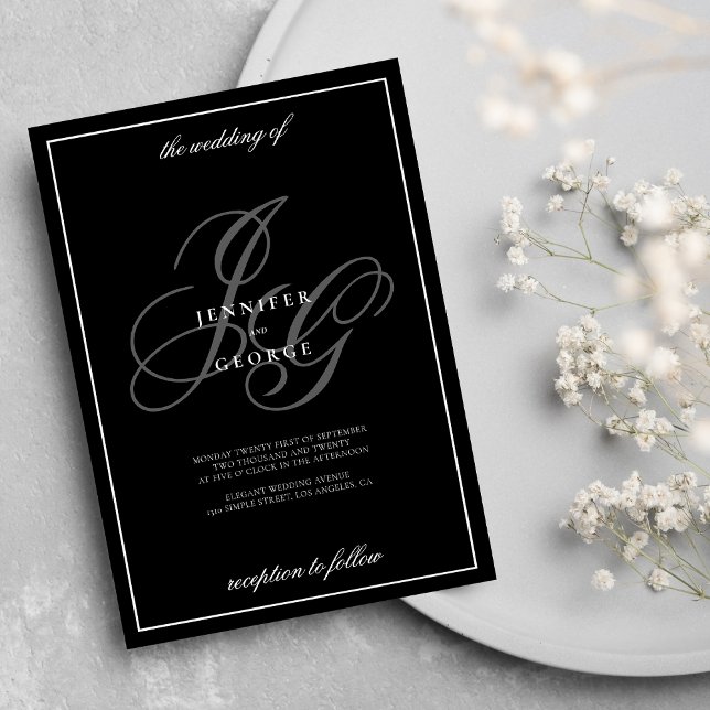 Convites Casamento romântico das iniciais do monograma bran (Black white monogram initials romantic wedding invitation )