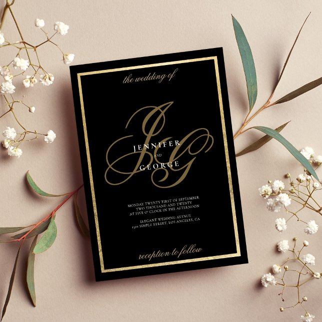 Convites Casamento romântico das iniciais do monograma de o (Black gold monogram initials romantic wedding invitation)