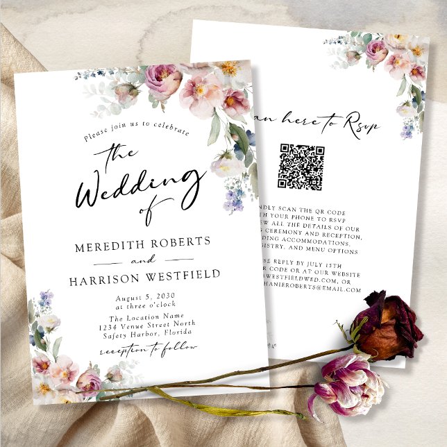Convites Casamento Romântico de Aquarela Floral Eucalyptus (WeddingInvitation-QRCodeRSVP-RomanticFloralEucalyptus)