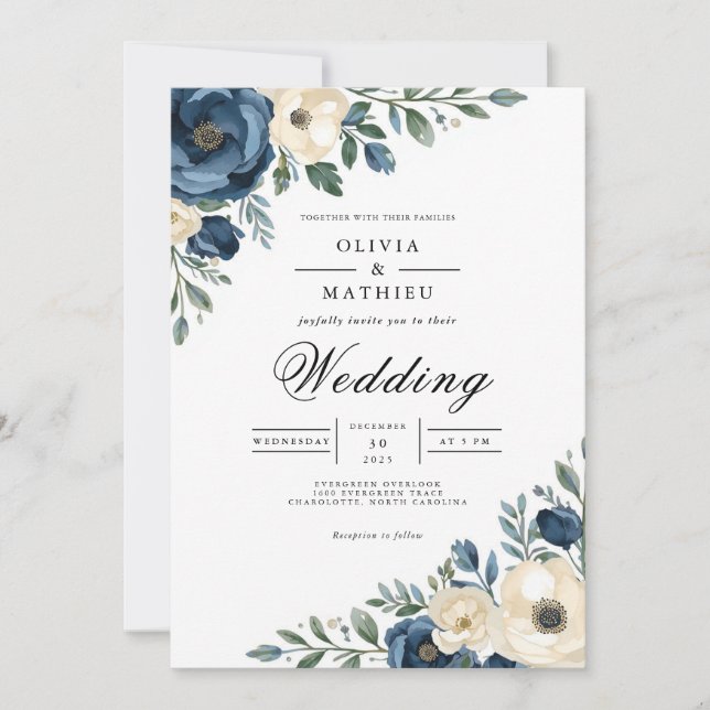 Convites Casamento Romântico de Arca Floral marinho (Frente)