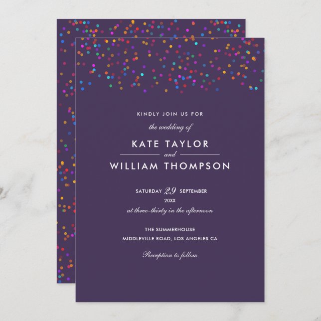 Convites Casamento Romântico de Arco-Íris Confetti Purple (Frente/Verso)