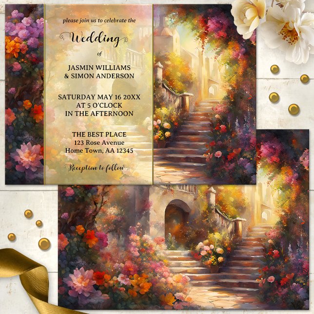Convites Casamento Romântico de Arte Floral Italiana (Wedding invitation featuring a dreamy artistic scene inspired by an Italian summer)