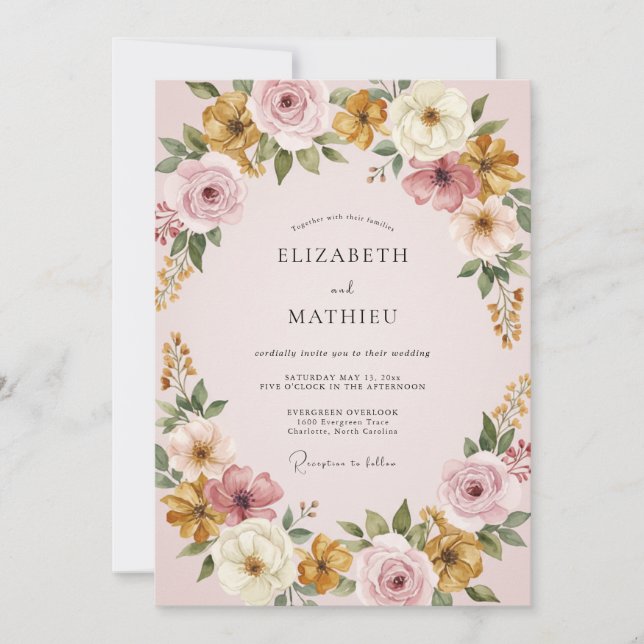 Convites Casamento Romântico de Arte Floral Malva (Frente)