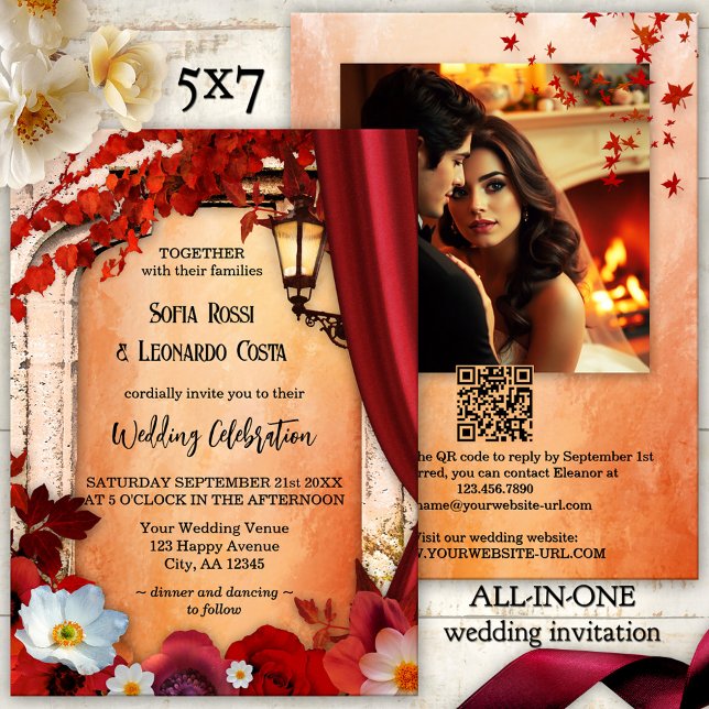 Convites Casamento Romântico de Autumn Classic Italiano All (All-in-one wedding invitation featuring an Italian Roman arch, lantern and colorful fall leaves)