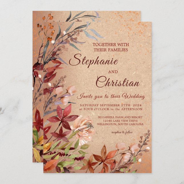 Convites Casamento Romântico de Autumn Floral Rustic Burgun (Frente/Verso)