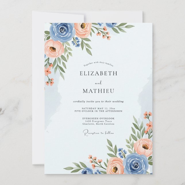 Convites Casamento Romântico de Azul Desbotado na Primavera (Frente)