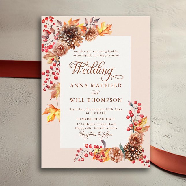 Convites Casamento Romântico de Boho de Queda Elegante (autumn floral frame rustic elegant romantic terracotta calligraphy fall wedding invitation boho)